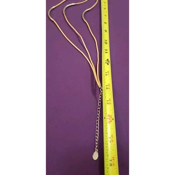 Cookie Lee Signed Layered Necklace Coated Tan Cord Silver Tone Curved Bars - Picture 6 of 8